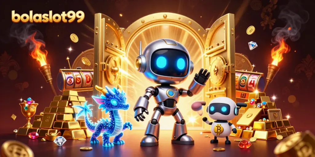 Experience the excitement of bolaslot99 with a vibrant 3D casino scene featuring unique characters and game elements.
