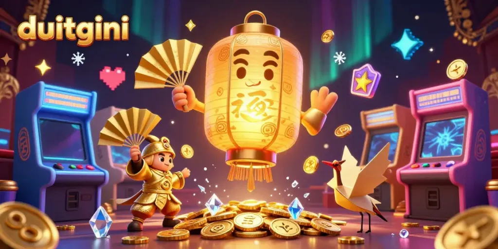 Experience winning moments with DuitGini through vibrant casino-themed 3D illustration.