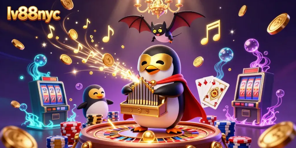 Experience exciting gameplay at lv88nyc with a lively 3D casino illustration showcasing a penguin and a bat acrobat.