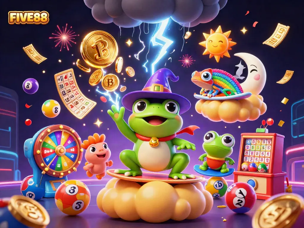Experience the excitement of FIVE88 with a vibrant, dynamic scene of a magical frog, chameleon, and lottery elements.