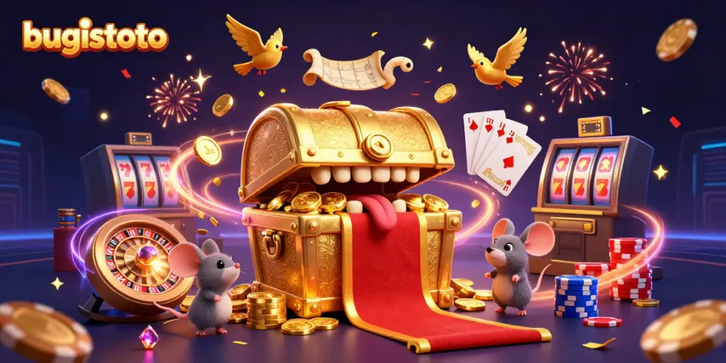 Engaging bugistoto casino scene showcasing treasure chest and roulette wheel amidst vibrant casino excitement.