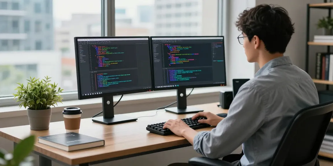 快连 software developer at modern workspace with dual monitors and coding tools