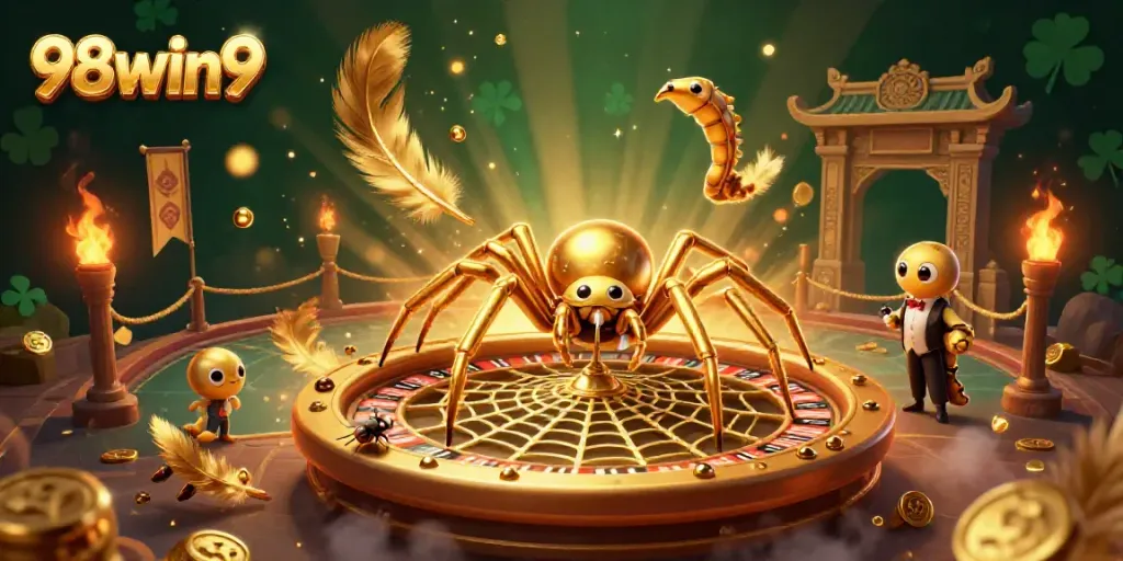 Engage with the vibrant, bustling scene of 98win9, where a golden spider spins a roulette wheel while bets are placed.