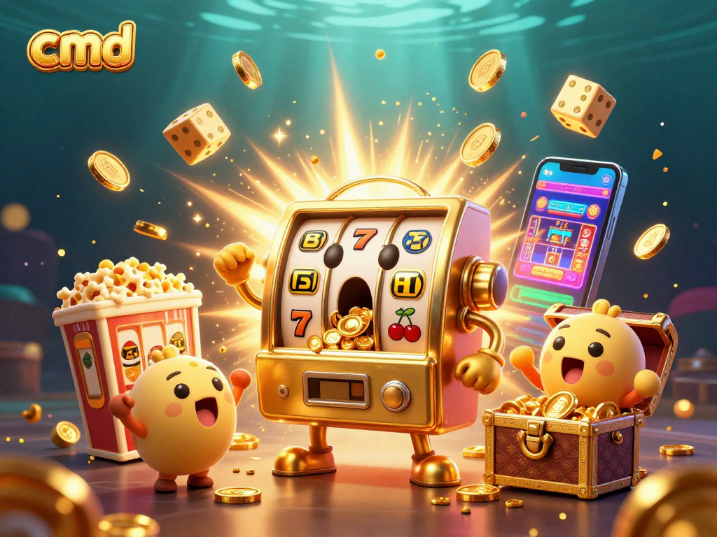 cmd's golden slot machine hits a jackpot, spilling coins and surrounded by vibrant casino elements.