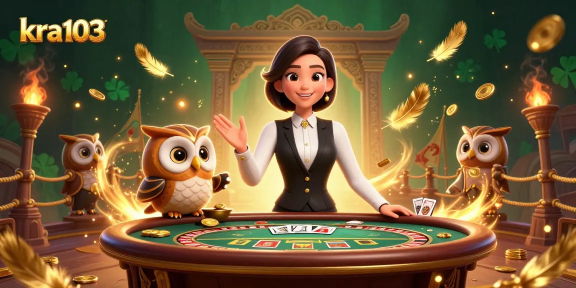 Engage in exciting casino action with kra103 featuring a charming dealer duo, golden elements, and vibrant atmosphere.