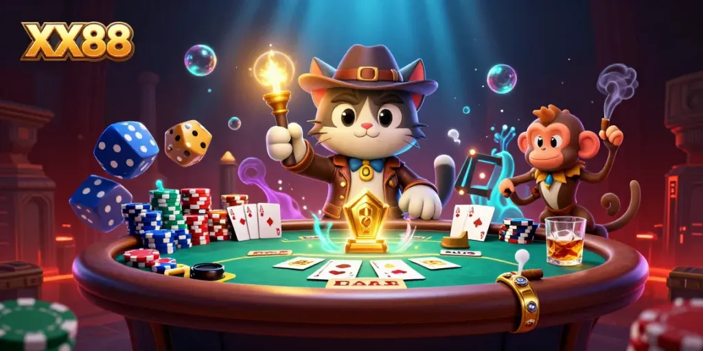 Engage in the thrilling world of XX88 with a dynamic illustration of a cartoon explorer cat unearthing golden casino treasures.