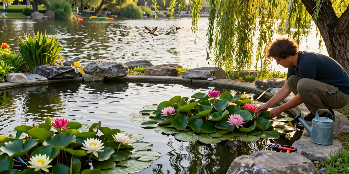 Pond Plants thriving in a peaceful garden pond with a gardener nurturing water lilies and lotus flowers.