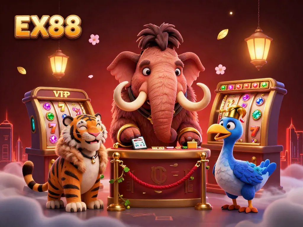 Experience the excitement at EX88 with vibrant casino characters and dynamic slot game elements.