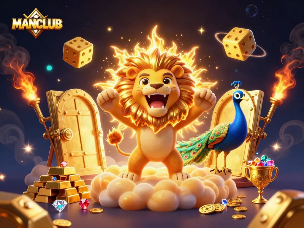 MANCLUB offers thrilling gaming experiences with golden lions, dice, and treasure chests in a vibrant 3D scene.
