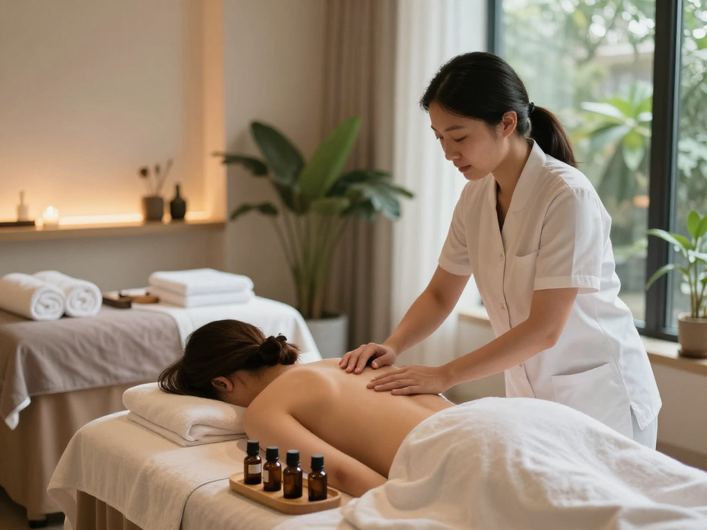 Relaxing therapy session at Balanced Massage showcasing mantra88 aromatherapy oils and soothing ambiance