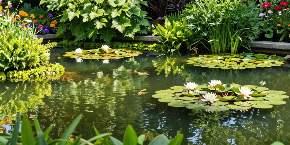 Pond Plants thriving in a serene garden pond with water lilies and wildlife.