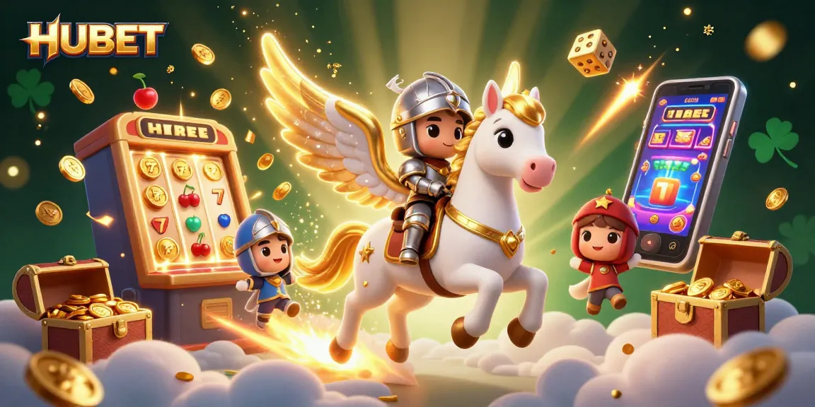 Engage with HUBET's thrilling slots and jackpots in a vibrant 3D casino scene featuring golden wings and treasure.