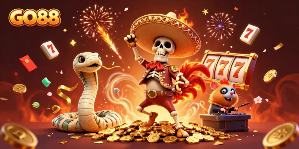 Experience the excitement of GO88 casino with vibrant characters celebrating amidst slot reels and festive elements.