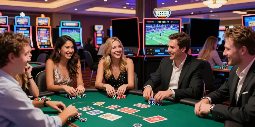 Group of friends enjoying gaming at a vibrant casino not on GamStop.