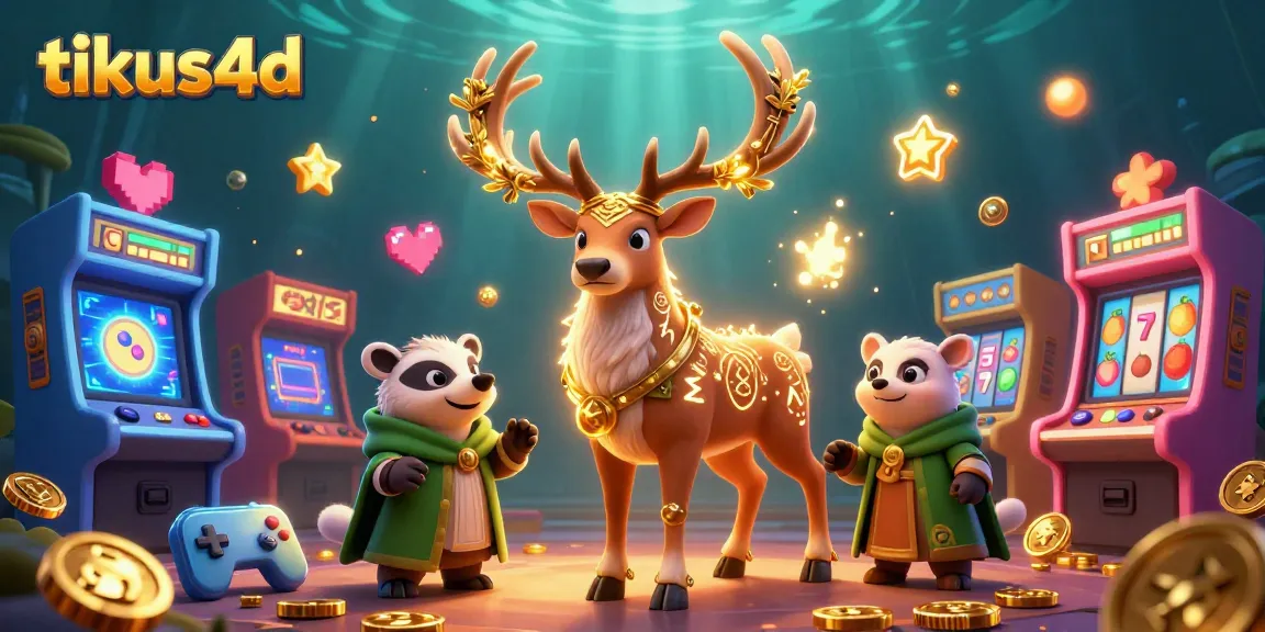 Play exciting tikus4d slots with a vibrant 3D cartoon illustration of a stag, badger, and casino elements.