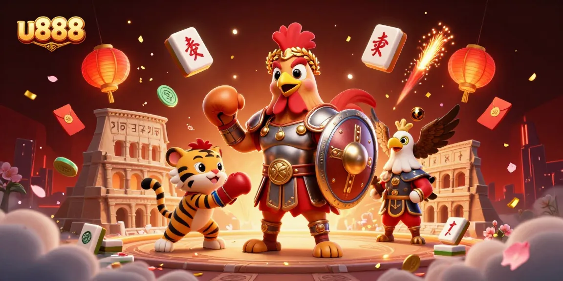 Engage in thrilling gameplay with u888's vibrant casino-themed illustration featuring a gladiator rooster and sparring tiger.