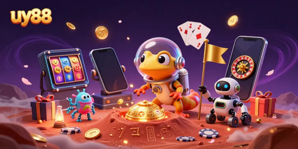 Engage with uy88's vibrant casino experience through this 3D cartoon scene of a Martian gecko and robot amidst dynamic gaming elements.