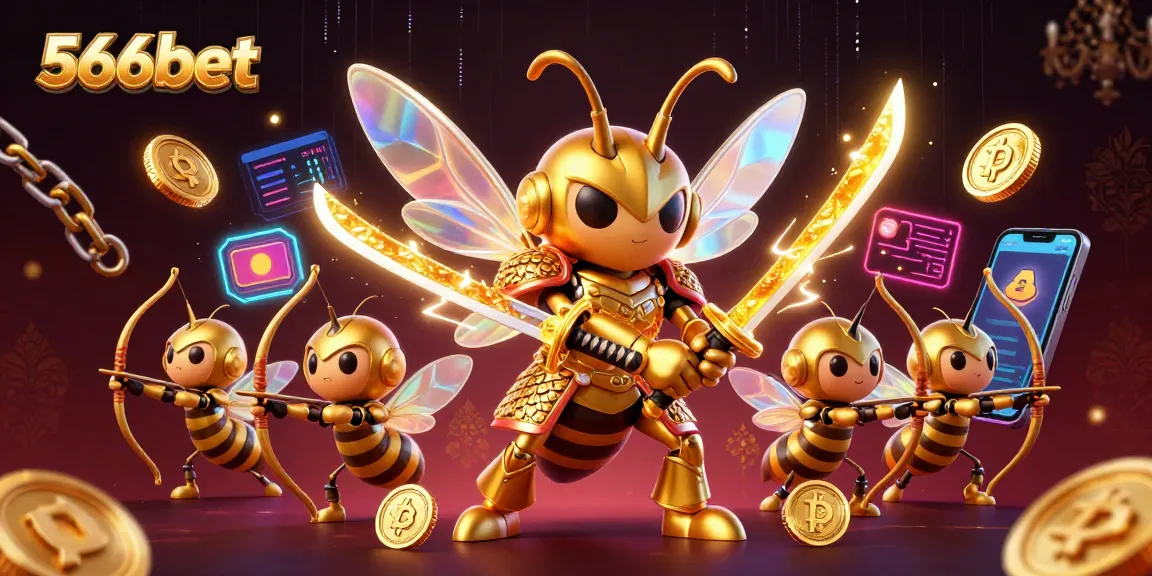 Engage in thrilling gameplay with 566bet's vibrant 3D illustration of a golden hornet samurai and crypto elements.