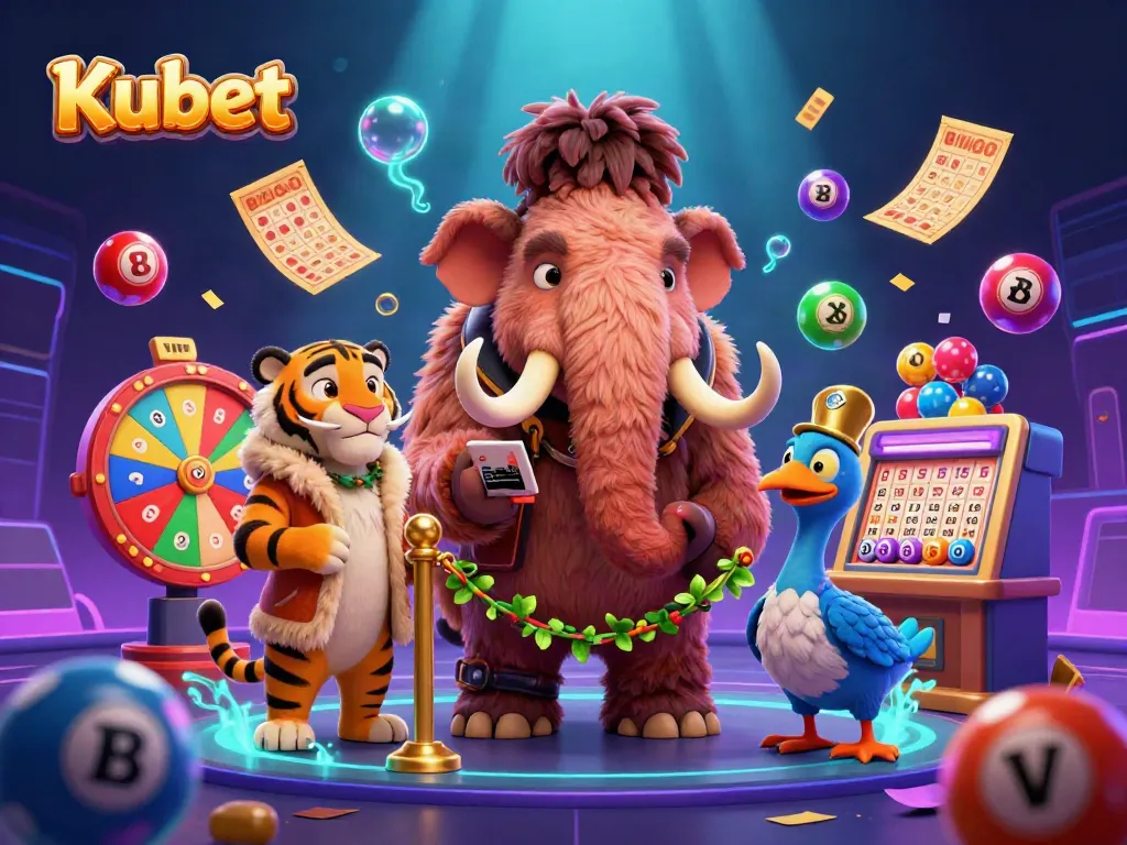 Kubet gaming scene with a mammoth bouncer, saber-tooth tiger VIP, and dodo bird doorman surrounded by lottery elements.
