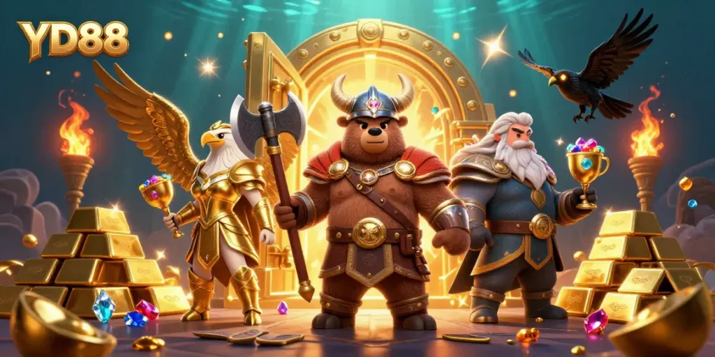 Experience winning thrills at YD88 with cartoon Viking heroes amidst treasure and gems.