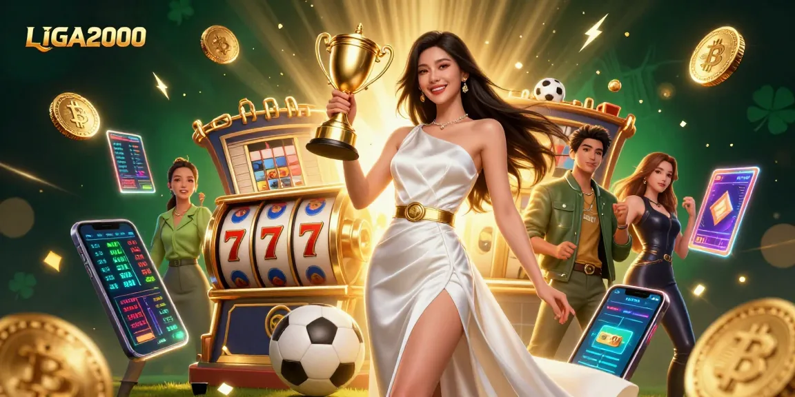 LIGA2000 menawarkan suasana yang cerah dan kemenangan dengan seorang wanita Asia merayakan kemenangan di tengah elemen slot dan taruhan olahraga.