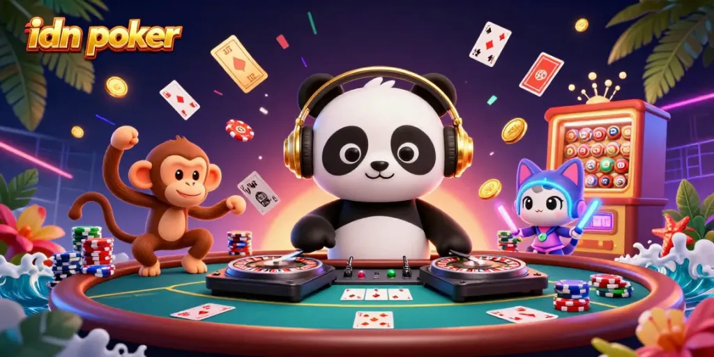 Experience idn poker excitement with dynamic characters and vibrant casino elements in this engaging illustration.