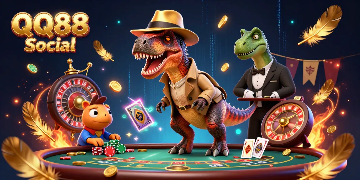 Engage with QQ88 Social at a blackjack table featuring playful dinosaurs in a lively casino.