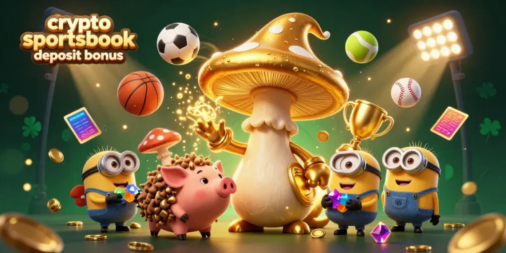 Experience the excitement of a crypto sportsbook deposit bonus with this vibrant 3D illustration featuring fantasy characters, sports elements, and golden treasures.