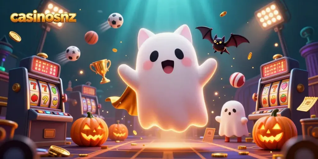 Engage with casinosnz in a vibrant haunted scene featuring a ghost cat, vampire bat, and glowing jack-o-lanterns.