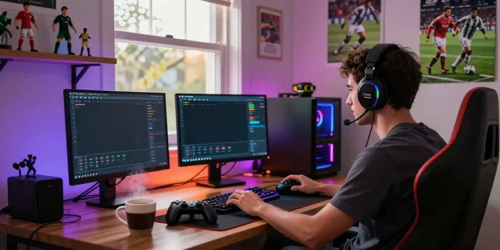 Gamer immersed in FC 26 bargains for Career Mode, showcasing player stats and accessories.