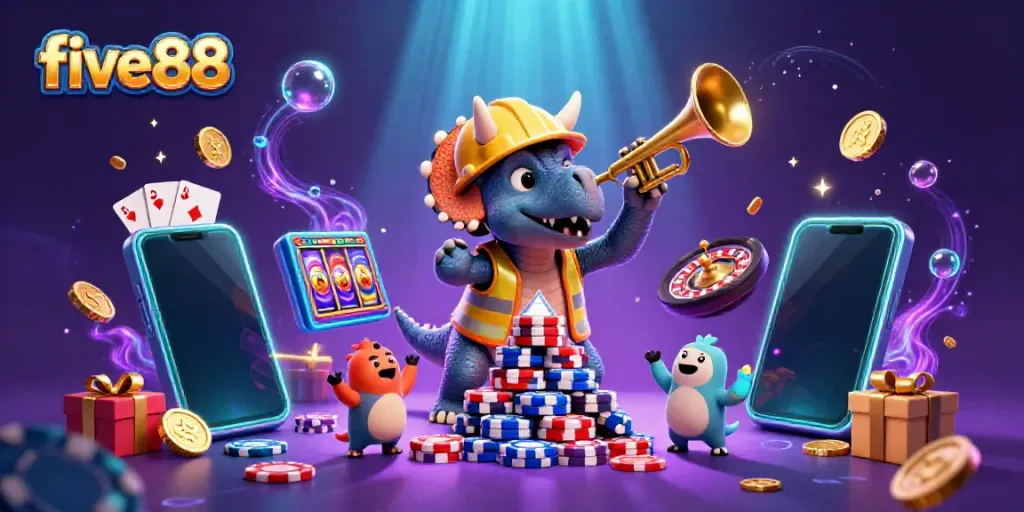 Engage with the thrilling fun of five88 as characters celebrate in a vibrant casino setting.