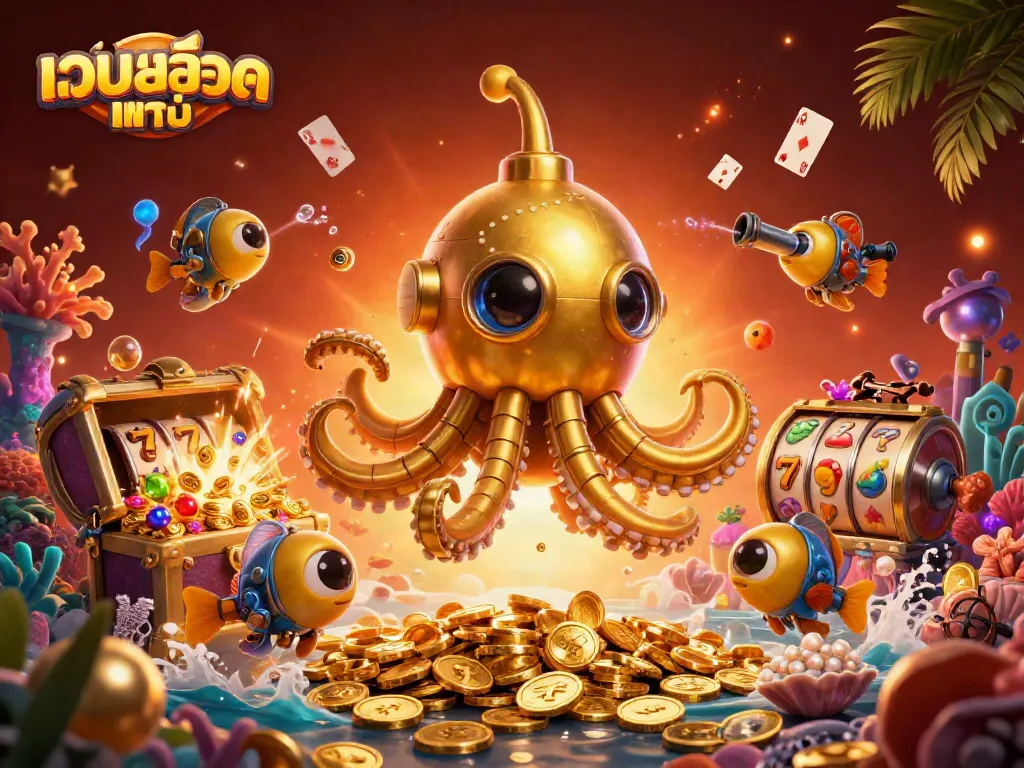 Engage with the exciting เว็บสล็อตแท้ scene featuring a unique golden kraken submarine near treasure, showcasing vibrant casino elements.
