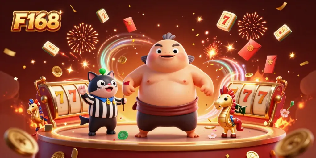 Experience winning excitement with F168 as a colorful fugu in a lively underwater casino scene.