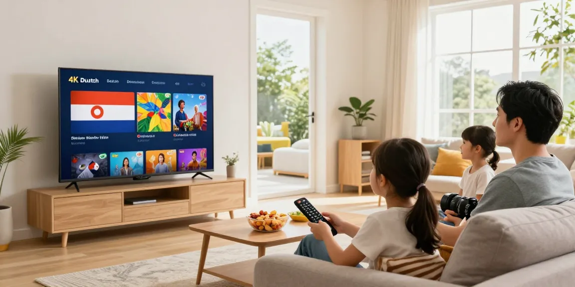 Dutch IPTV in 4K kwaliteitsbeeld terwijl een gezin samen tv kijkt in een sfeervolle woonkamer.