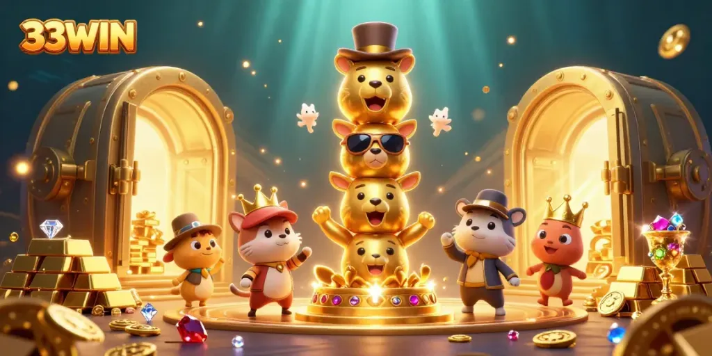 Engage in winning experiences at 33WIN Casino featuring vibrant animated treasures and characters.