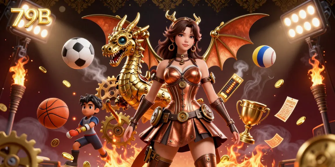 Engage with the thrilling universe of gambling at 79B, featuring stunning illustrations of casino elements and dynamic sports action.