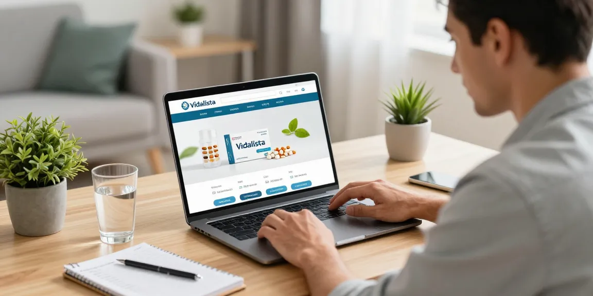 Man browsing Vidalista online in a modern home office setting, showcasing comfortable health shopping.