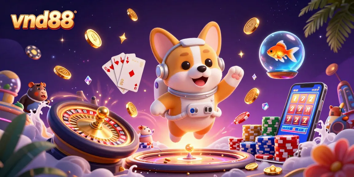 Experience thrilling gaming adventures at vnd88 with a corgi astronaut and captivating casino scene.