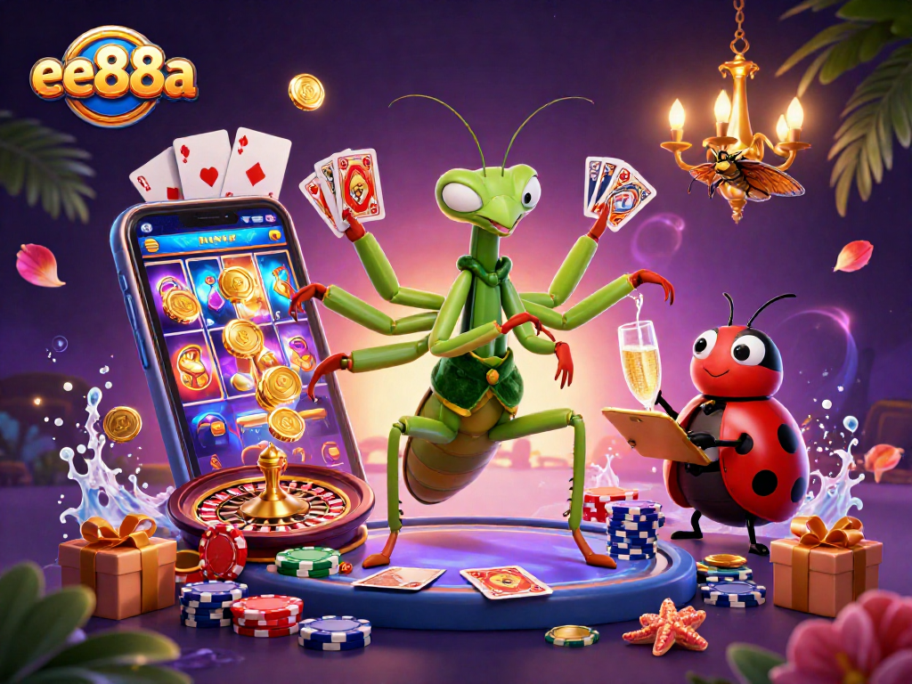 Experience excitement at ee88a with a casino-themed illustration of a mantis dealer and ladybug boss.