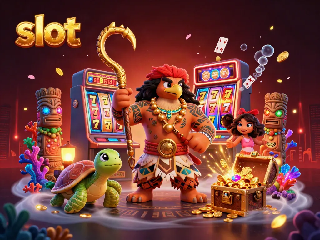 Slot yang menggembirakan menampilkan dewa Maui dan kura-kura dengan elemen slot yang berwarna-warni dan energi kasino.