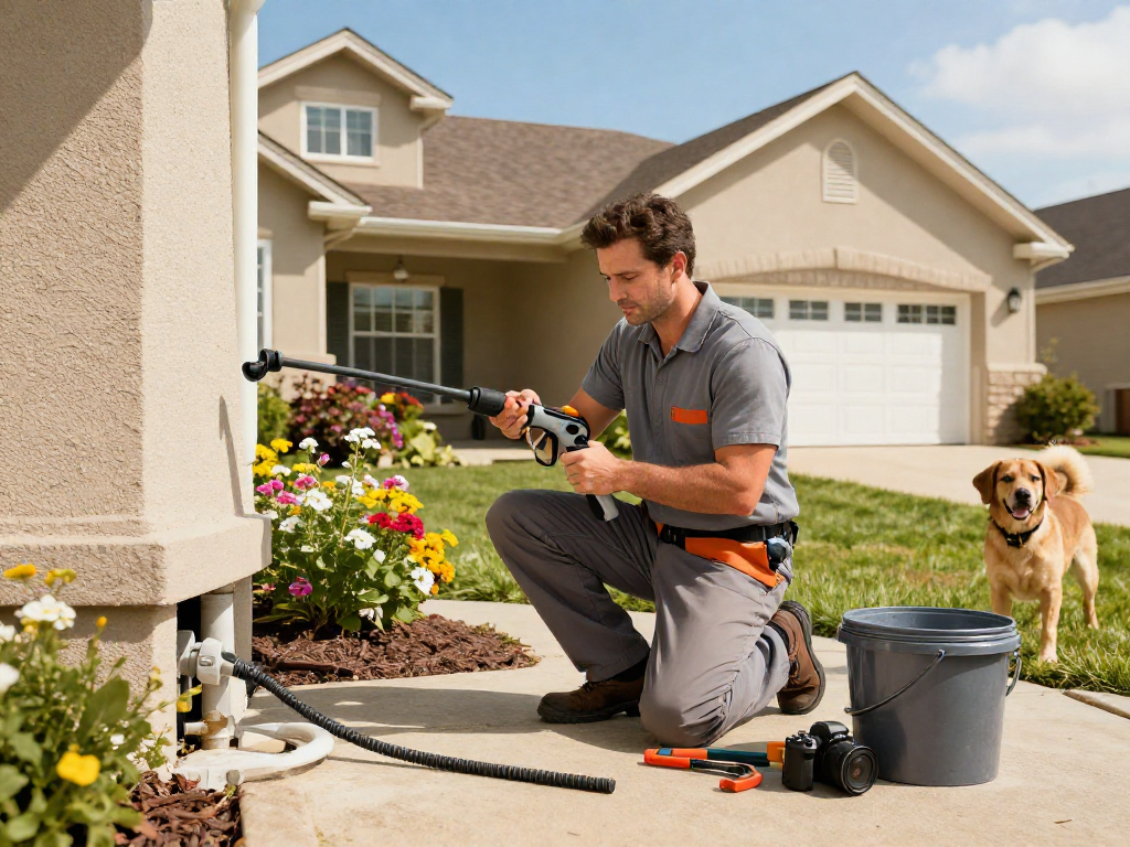 Drain cleaning Fort Worth professional plumber with tools at residential home