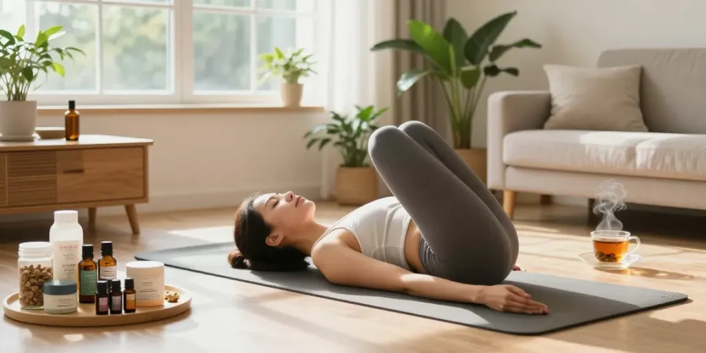 Health and wellness products online India showcased in a serene home setting with yoga practice.