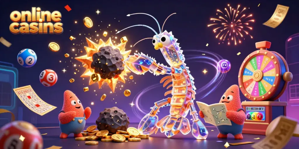 Experience the excitement of online casinos with a vibrant 3D scene of a galactic samurai mantis shrimp amid dynamic casino elements
