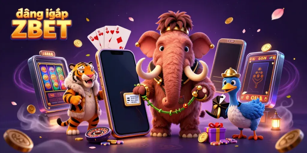 Engage in fun slots with a colorful 3D scene depicting đăng nhập ZBET with a woolly mammoth checking ID and vibrant gaming elements.