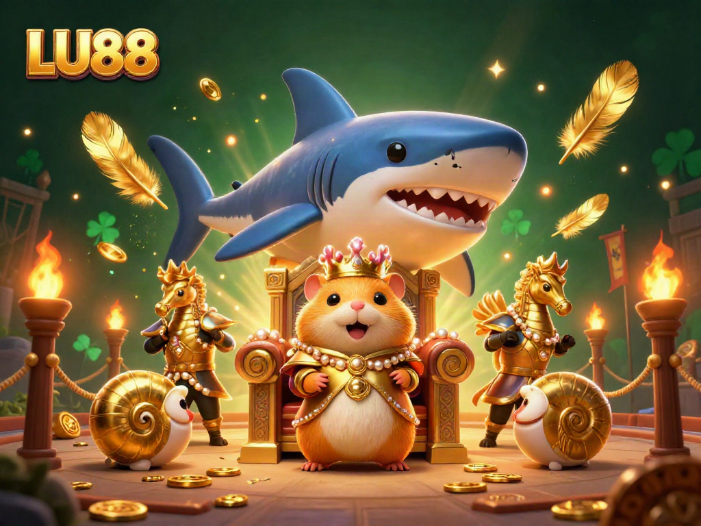 Engage with LU88's vibrant casino world featuring a golden hamster king and unique gambling elements.