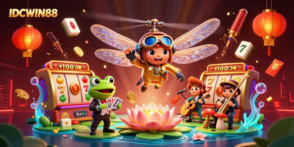 Spin the reels of IDCWIN88 with a vibrant casino scene featuring intricate characters and festive elements.