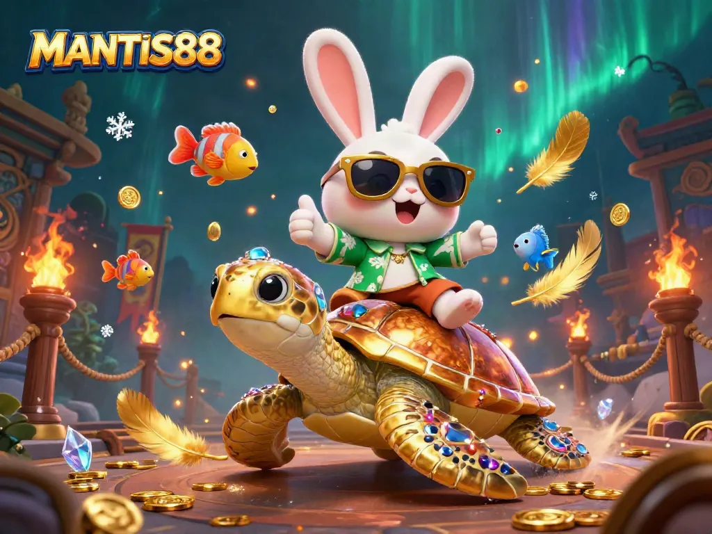 Experience vibrant gaming action with MANTIS88's charming rabbit and golden turtle in a lively casino-themed scene.