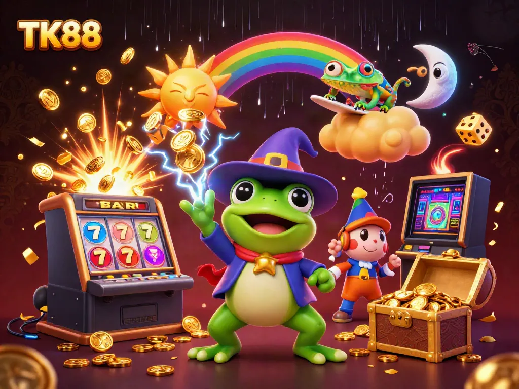 Enjoy TK88's dazzling 3D scene with a frog and chameleon amid a jackpot explosion.