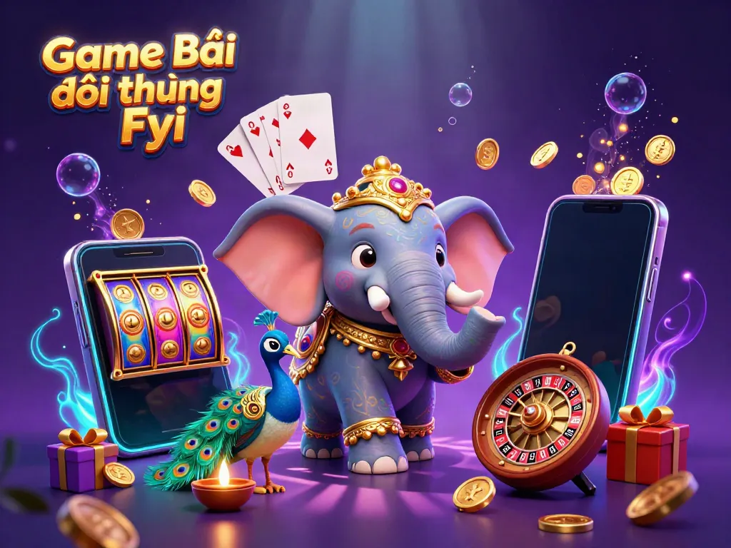 Engage with Game Bài Đổi Thưởng Fyi through vibrant casino-themed illustration featuring an elephant and gaming elements.