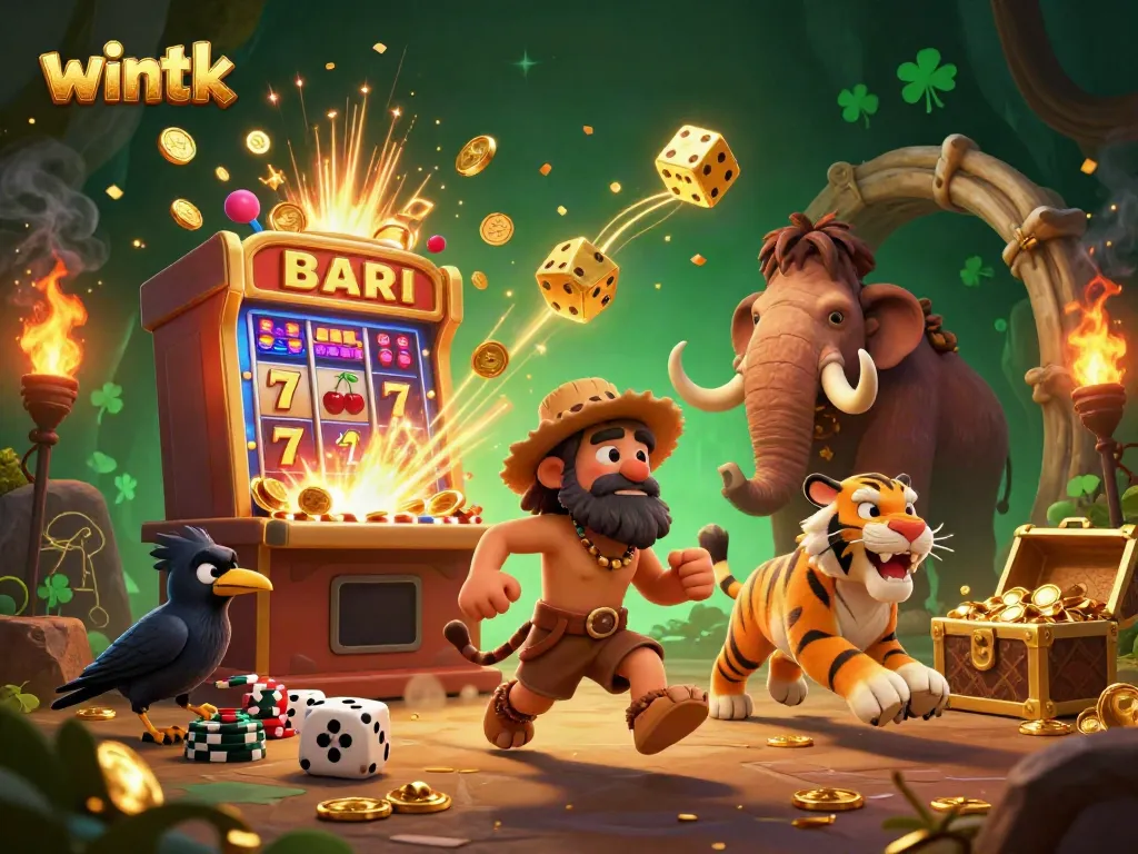 Experience the excitement of wintk casino with dynamic illustrations of a prehistoric gaming scene.
